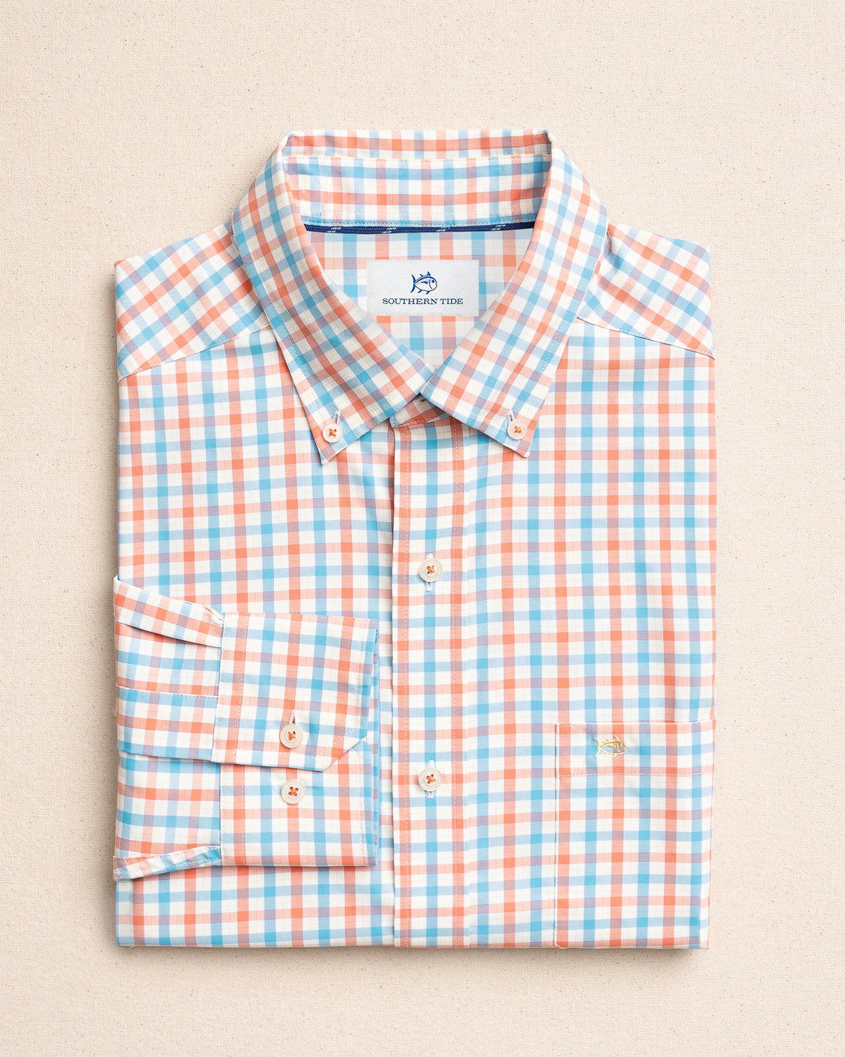 The front view of the Southern Tide Ocean Song Coastal Breeze® Sport Shirt by Southern Tide - Orange Blossom