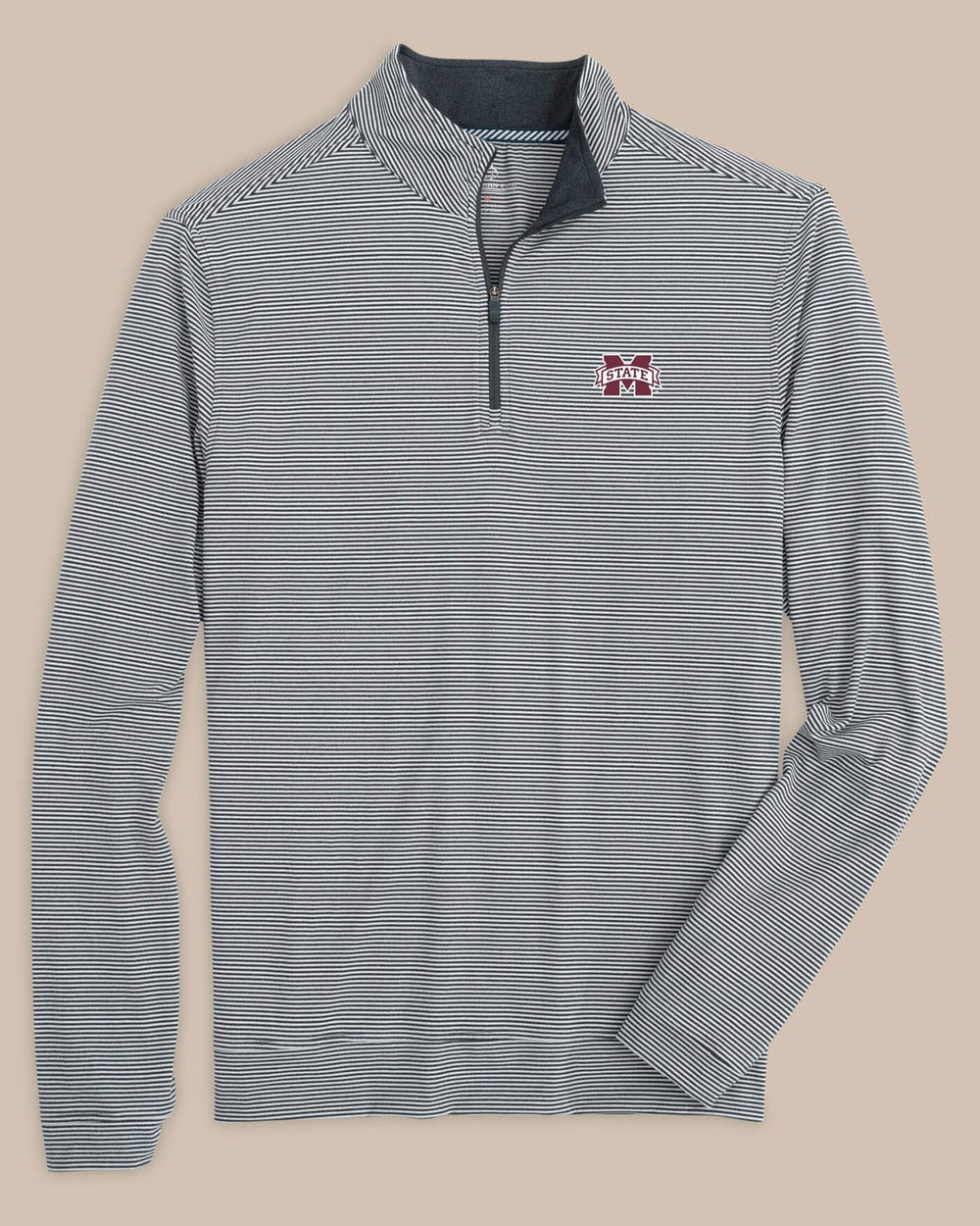 The front view of the Mississippi State Bulldogs Cruiser Micro-Stripe Heather Quarter Zip by Southern Tide - Heather Black