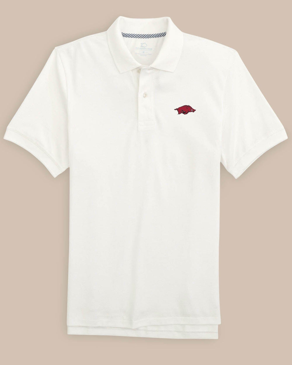 The front view of the Arkansas Razorbacks Skipjack Polo by Southern Tide - Classic White