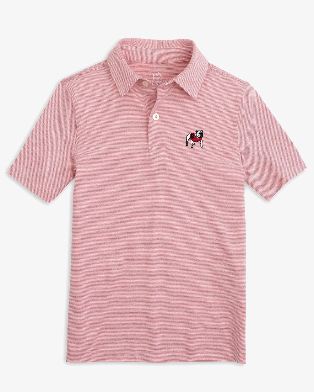 The front view of the Georgia Bulldogs Boys Driver Spacedye Performance Polo Shirt by Southern Tide - Varsity Red