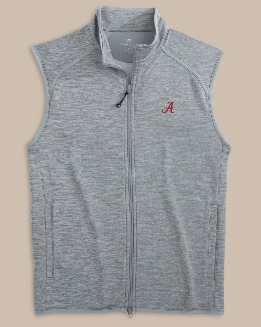 The front view of the Alabama Crimson Tide Baybrook Heather Vest by Southern Tide - Heather Ultimate Grey