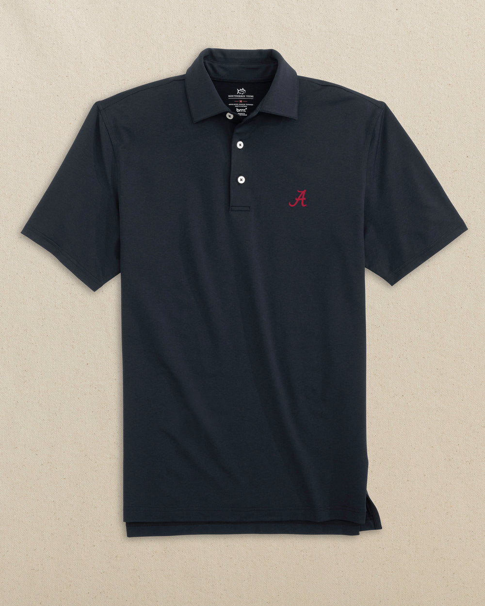 The front view of the Southern Tide Alabama Crimson Tide brrr°®-eeze Heather Performance Polo by Southern Tide - Heather Caviar Black
