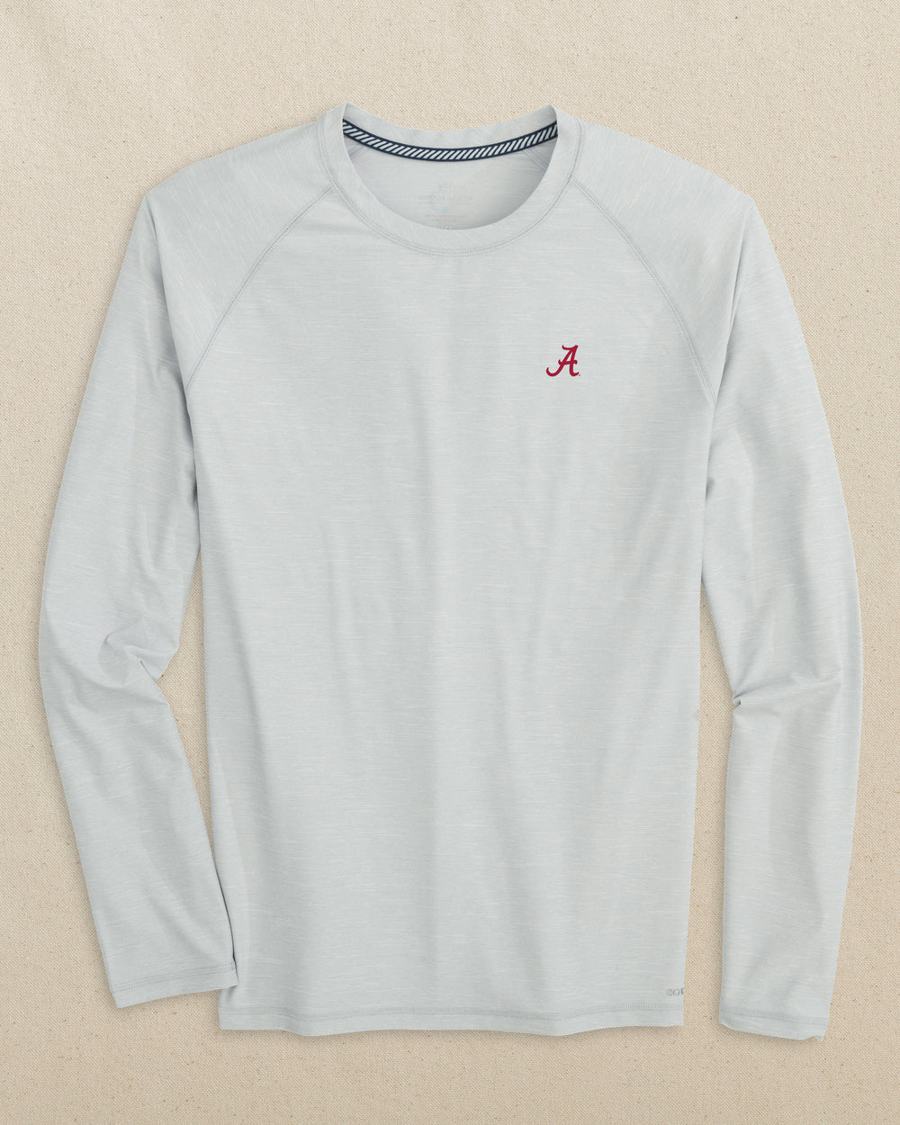 The front view of the Southern Tide Alabama Crimson Tide brrr°®-illiant Performance Long Sleeve T-Shirt by Southern Tide - Platinum Grey