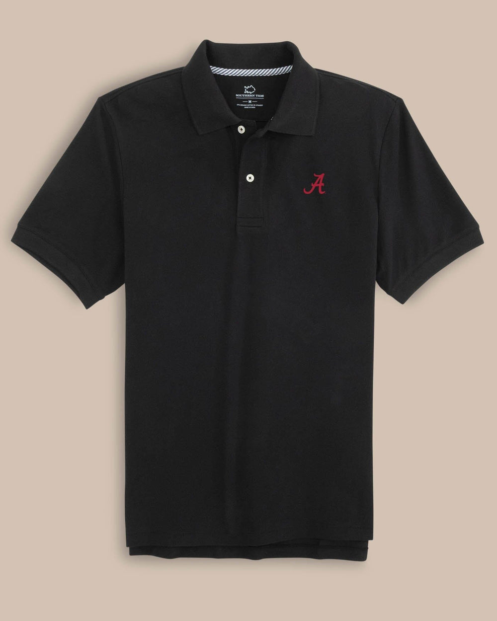 The front view of the Alabama Crimson Tide Skipjack Polo Shirt by Southern Tide - Black