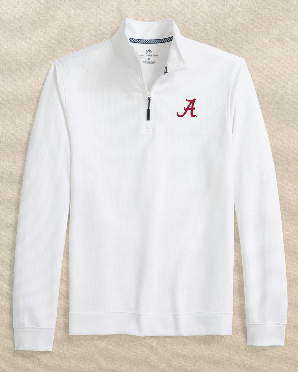 The front view of the Southern Tide Alabama Crimson Tide Schooner Quarter Zip by Southern Tide - Classic White
