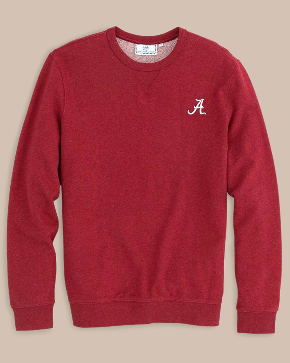The front view of the Men's Red Alabama Upper Deck Pullover Sweatshirt by Southern Tide - Heather Crimson