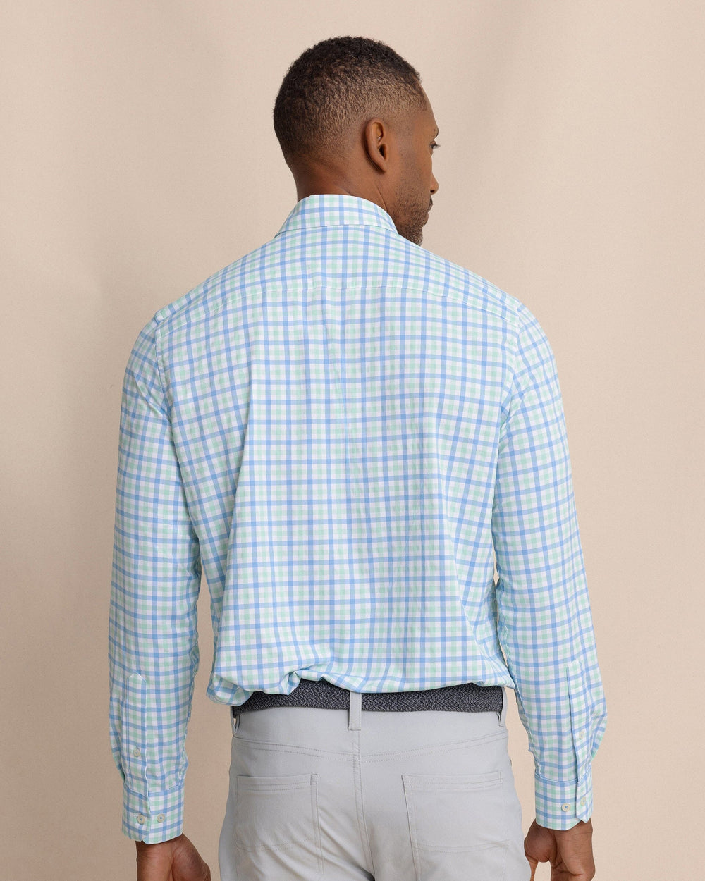 The back view of the Southern Tide Albemarle Gingham brrr°® Intercoastal Sport Shirt by Southern Tide - Boat Blue