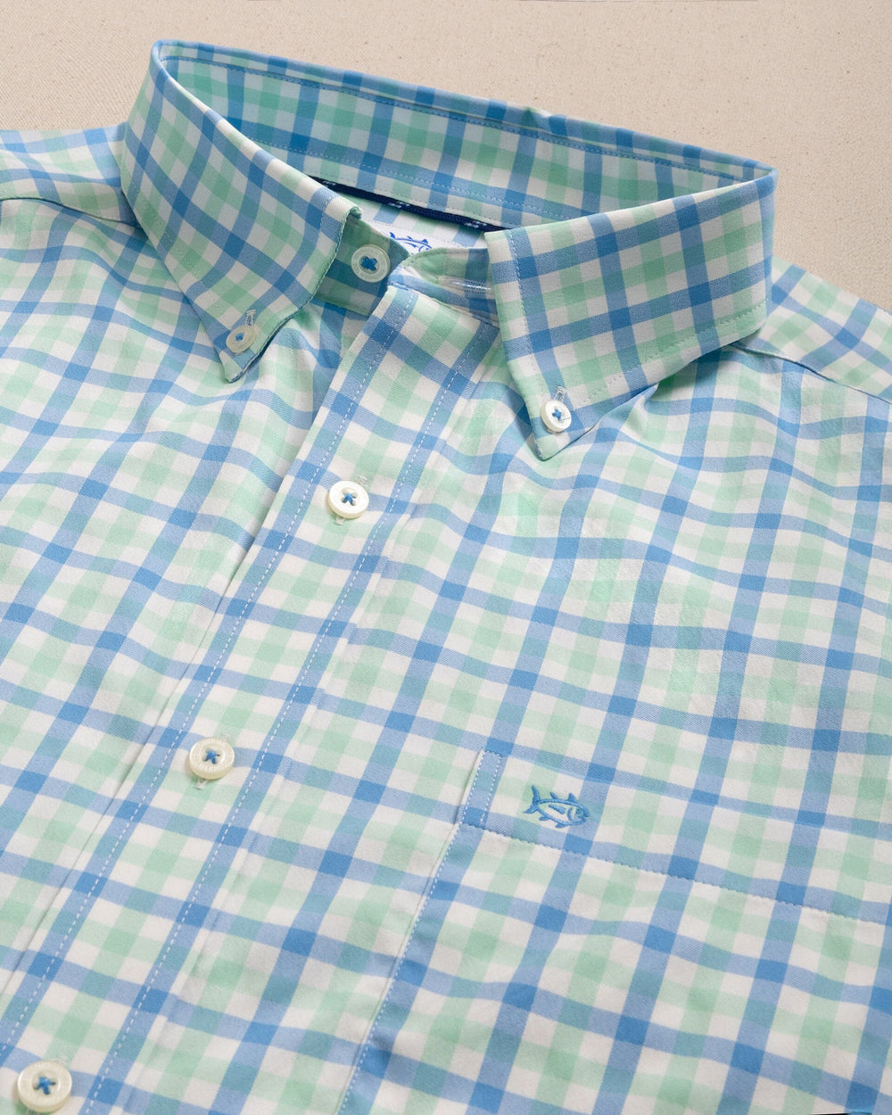 The detail view of the Southern Tide Albemarle Gingham brrr°® Intercoastal Sport Shirt by Southern Tide - Boat Blue