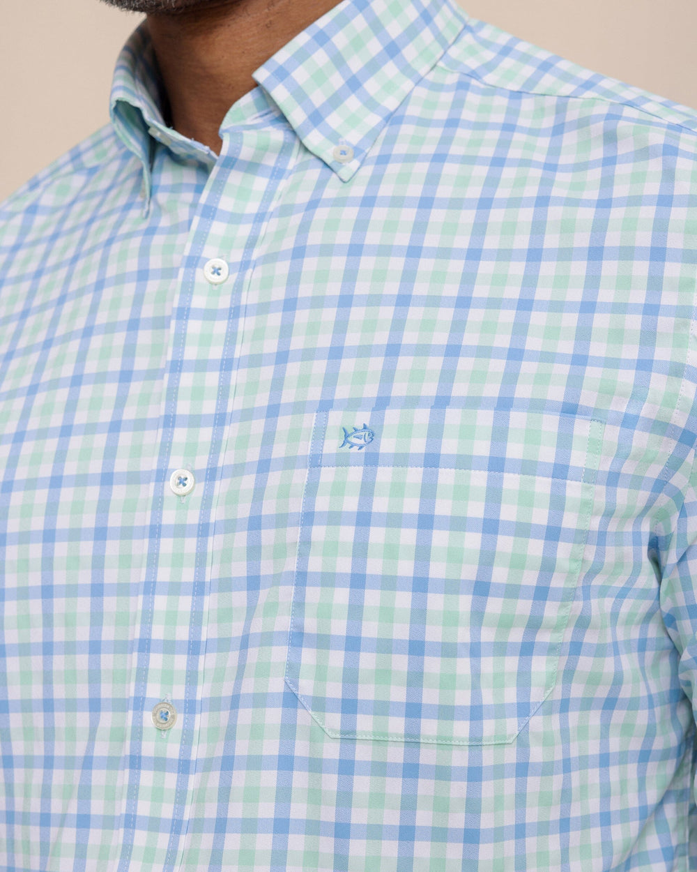 The detail view of the Southern Tide Albemarle Gingham brrr°® Intercoastal Sport Shirt by Southern Tide - Boat Blue