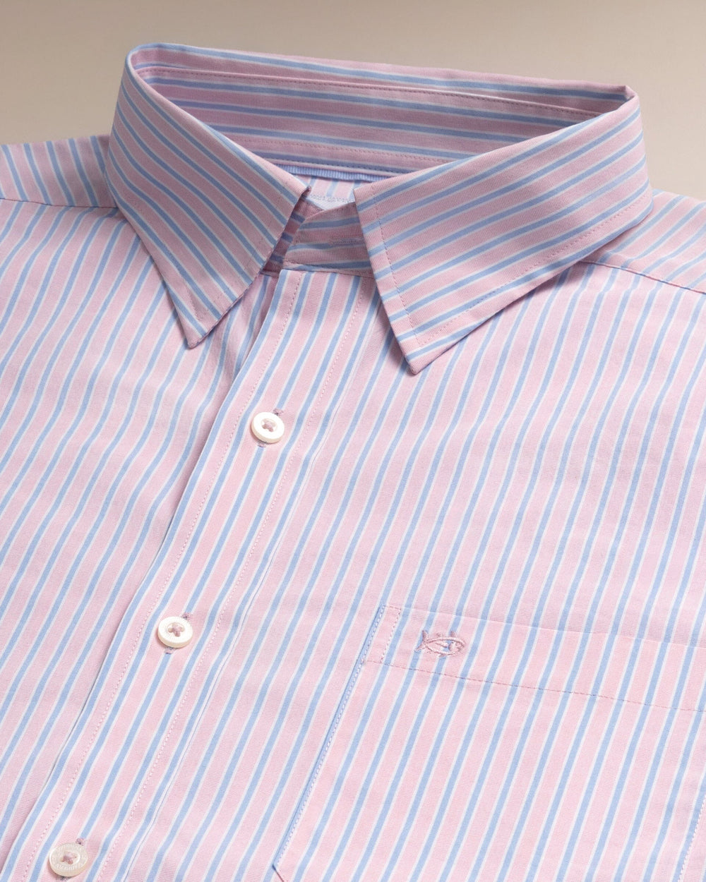 The detail view of the Southern Tide Amelia Island Stripe Charleston Sport Shirt by Southern Tide - Sea Pink