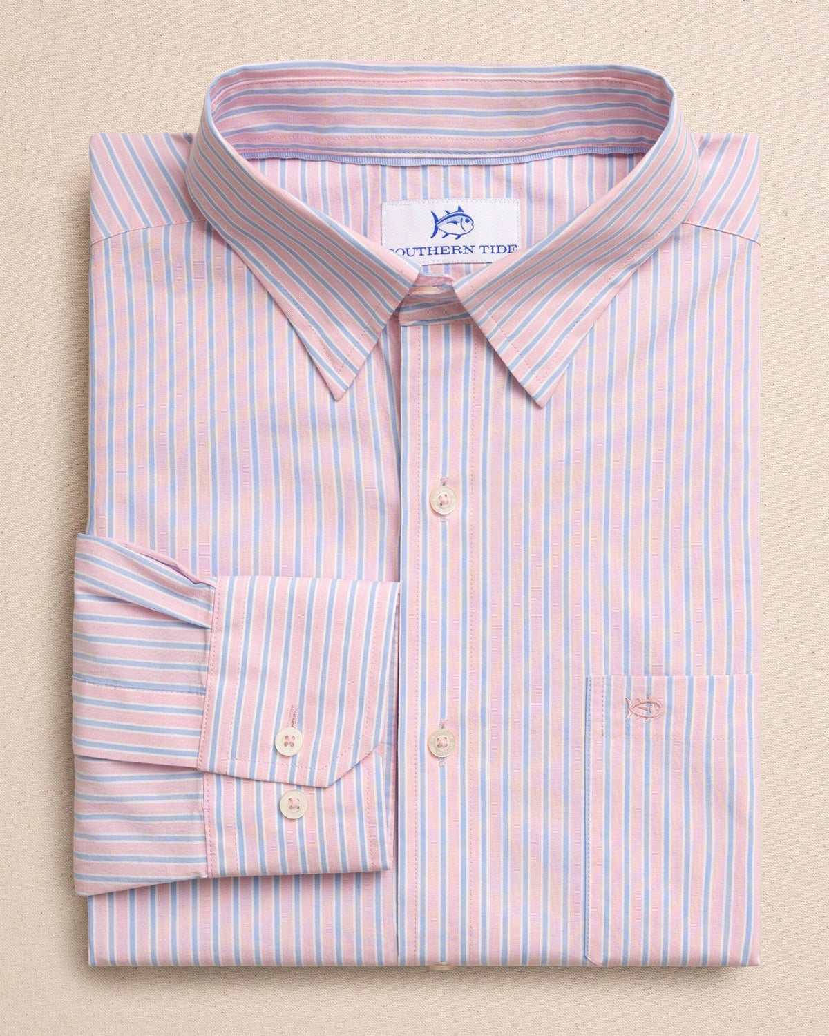 The front view of the Southern Tide Amelia Island Stripe Charleston Sport Shirt by Southern Tide - Sea Pink