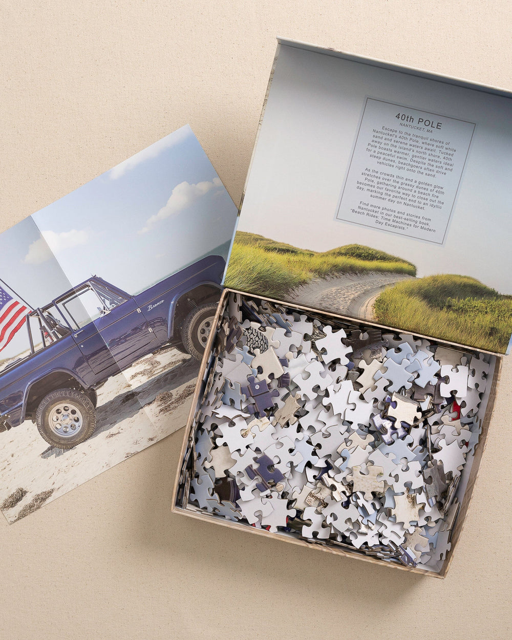The open detail view of the Johnny Vacay American Bronco 500 Piece Puzzle at Southern Tide - White