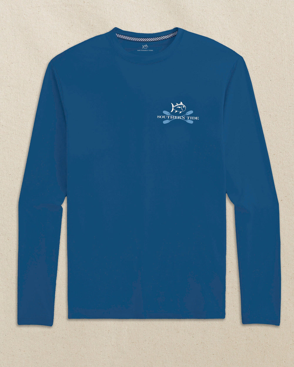 The front view of the Southern Tide Americana Kayaks Long Sleeve Performance T-Shirt by Southern Tide - Nautical Blue
