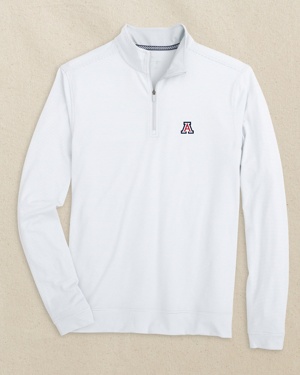 The front view of the Southern Tide Arizona Wildcats Cruiser Micro-Stripe Heather Quarter Zip by Southern Tide - Heather Slate Grey