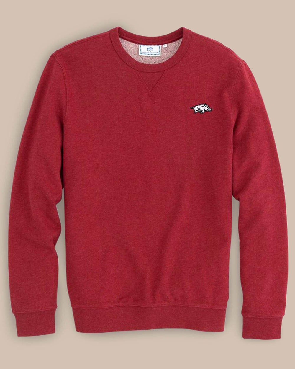 The front view of the Men's Red Arkansas Upper Deck Pullover Sweatshirt by Southern Tide - Heather Crimson