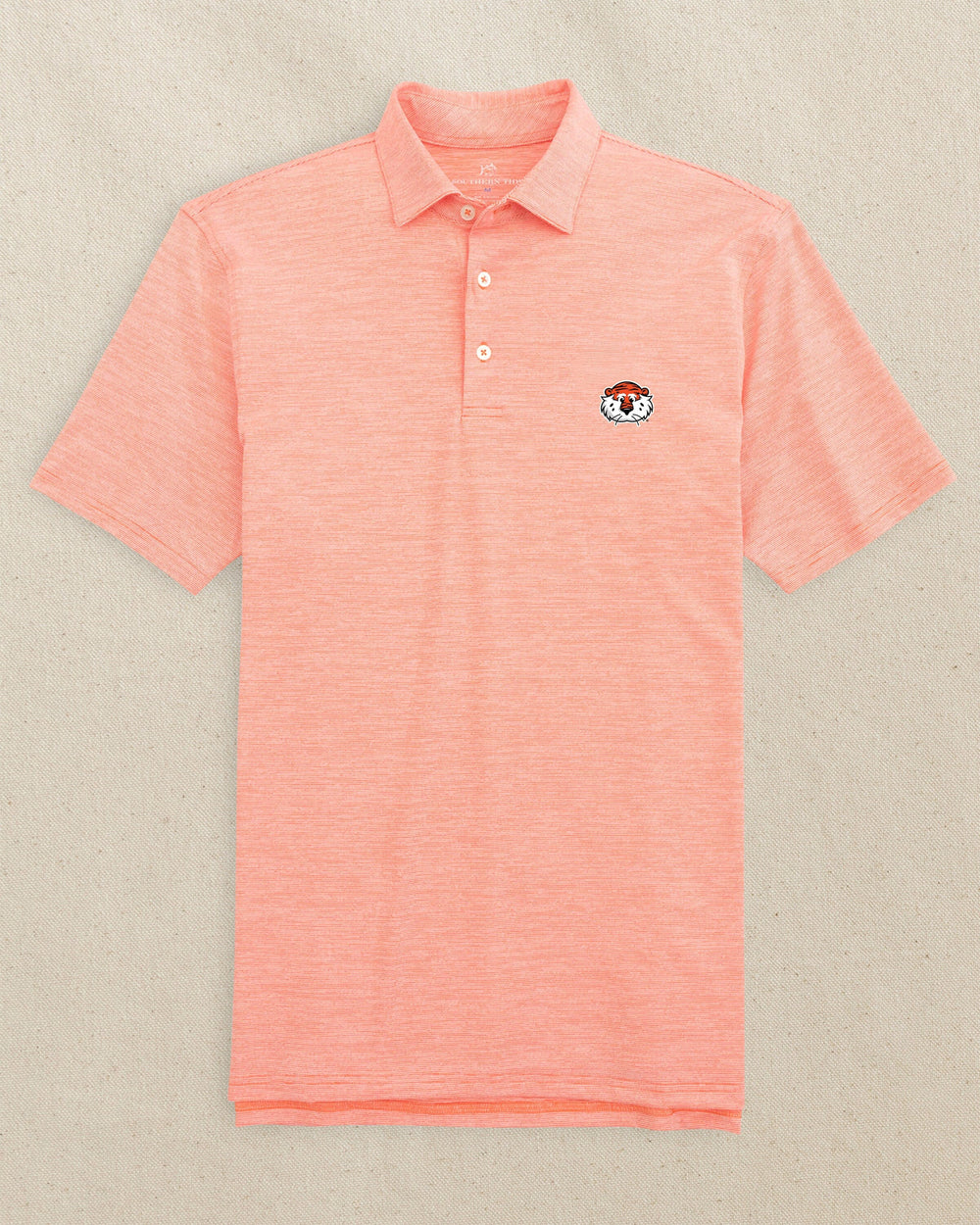 The front view of the Southern Tide Auburn Tiger Head Spacedye Polo by Southern Tide - Endzone Orange