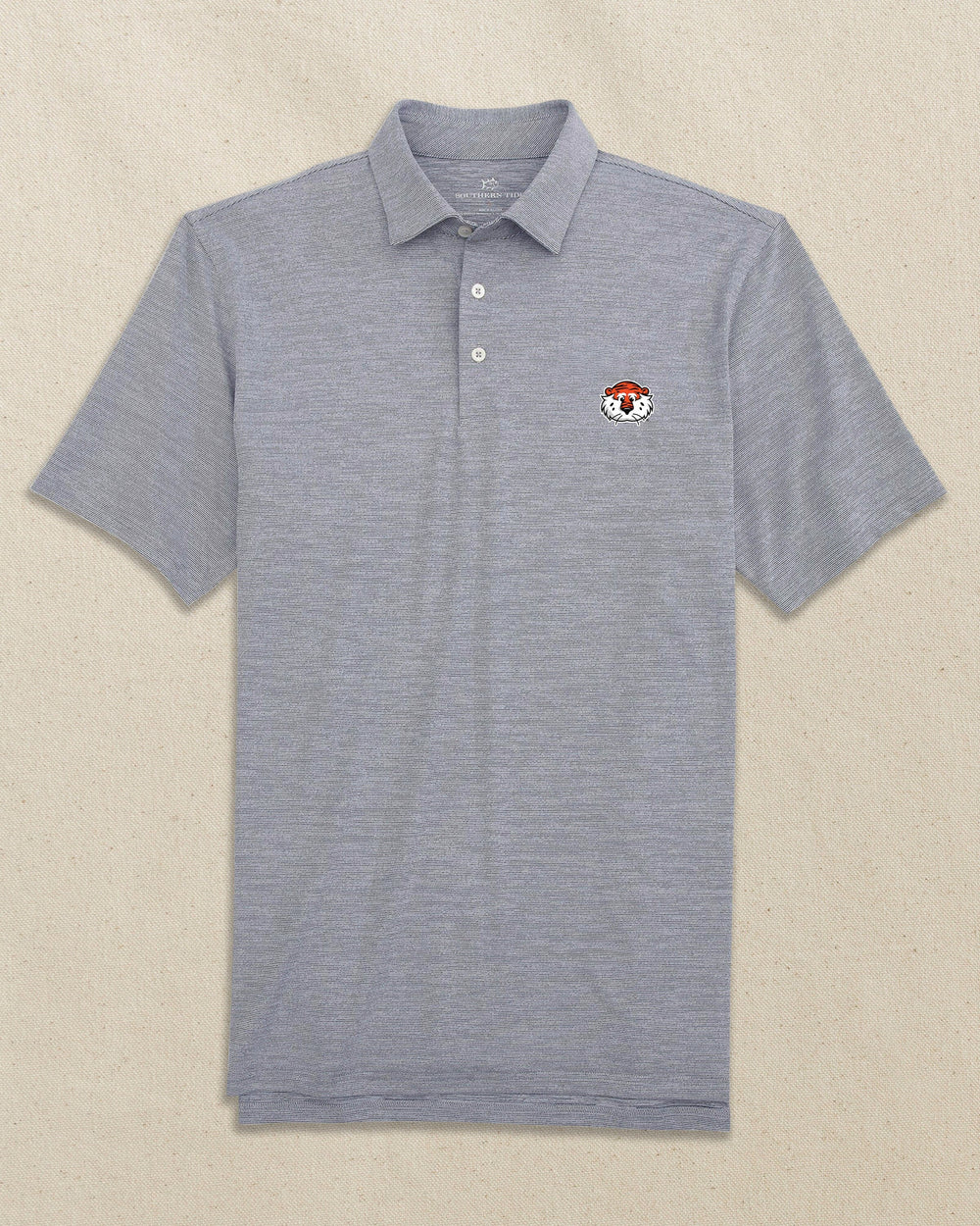 The front view of the Southern Tide Auburn Tiger Head Spacedye Polo by Southern Tide - Navy