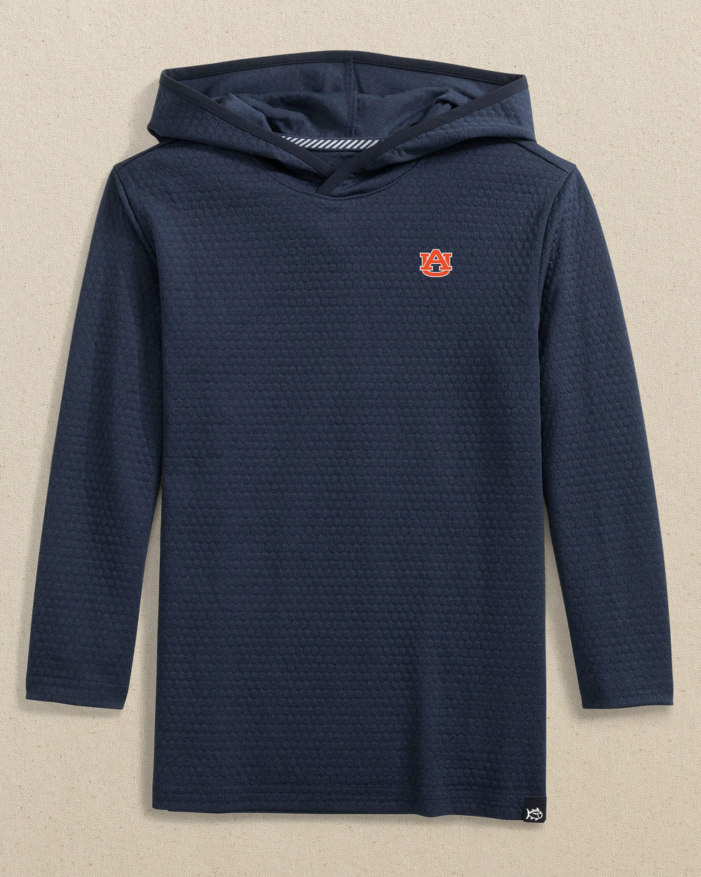 The front view of the Southern Tide Auburn Tigers Boys Scuttle Hoodie by Southern Tide - Heather True Navy