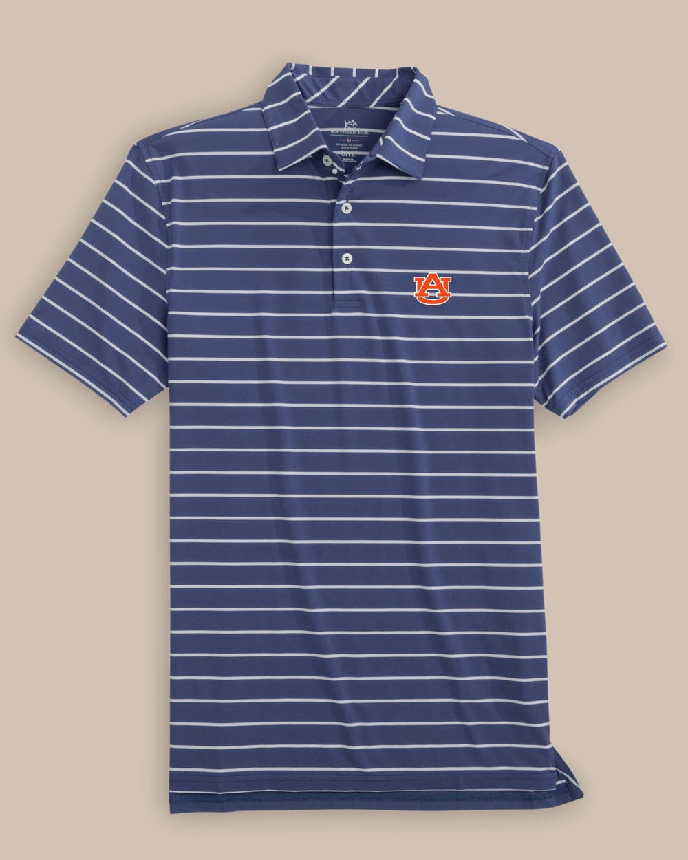 The front view of the Southern Tide Auburn Tigers brrr°®eeze Desmond Stripe Polo by Southern Tide - Navy