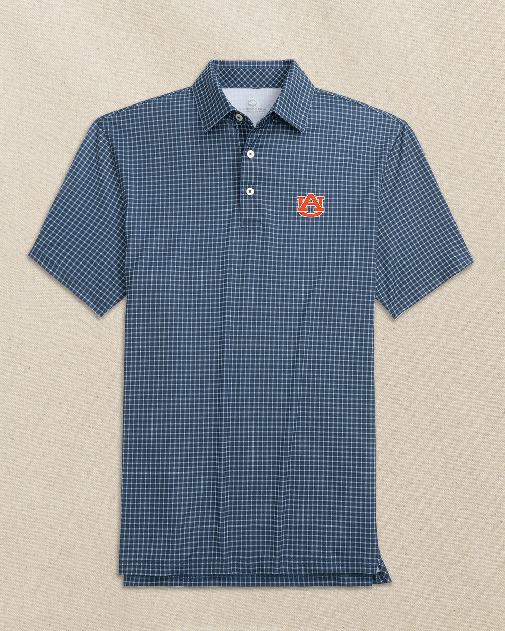 The front view of the Southern Tide Auburn Tigers Driver Dunes Edge Plaid Polo by Southern Tide - Navy