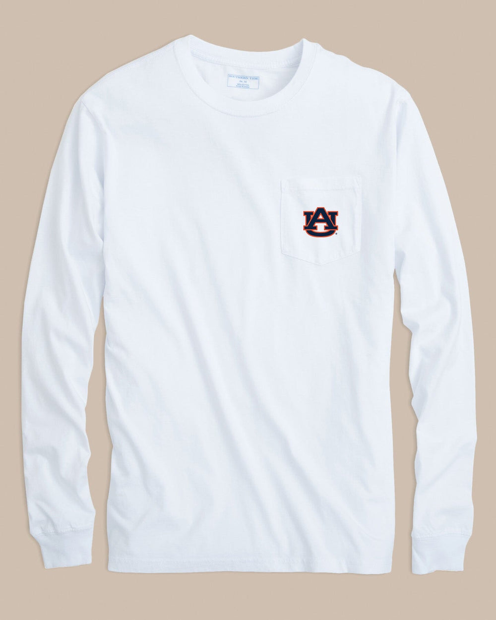 The front view of the Southern Tide Auburn Tigers Gameday Embroidered Long Sleeve T-Shirt by Southern Tide - Classic White