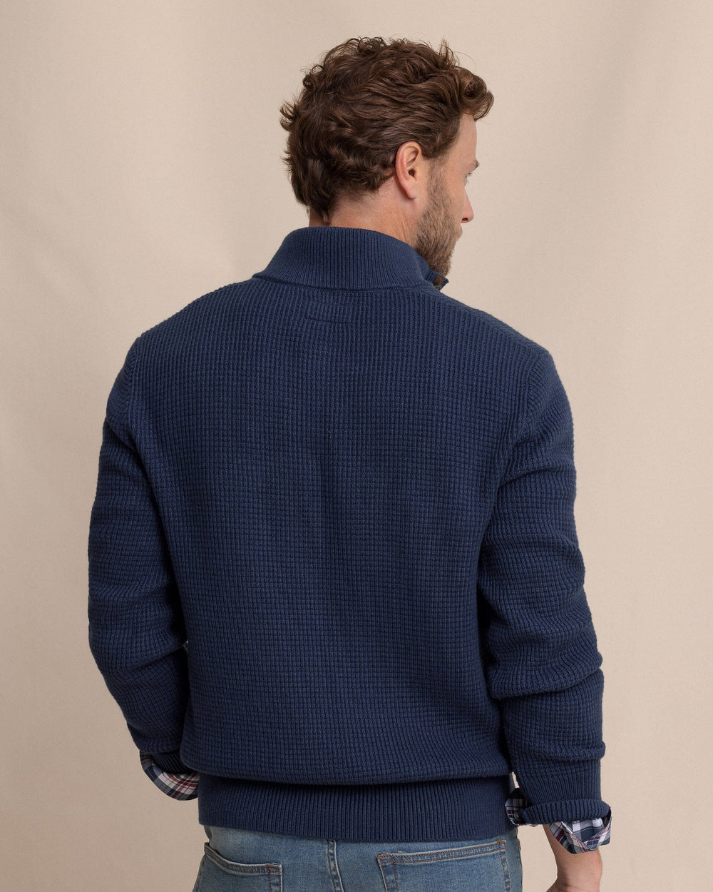 The back view of the Southern Tide Bass Creek Heather Quarter Button Sweater by Southern Tide - Heather Dress Blue