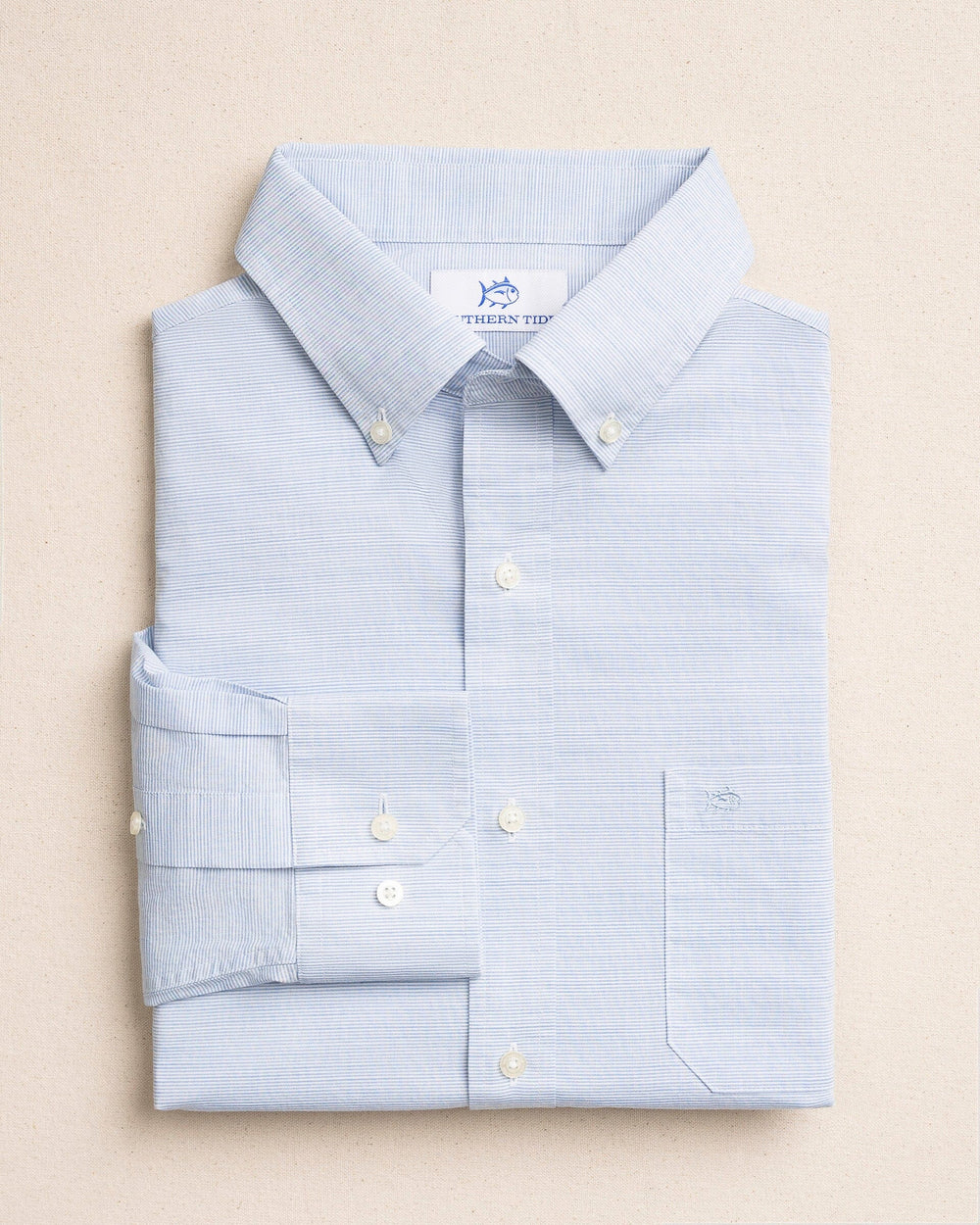 The front view of the Southern Tide Beachcomber Stripe Sport Shirt by Southern Tide - Light Blue