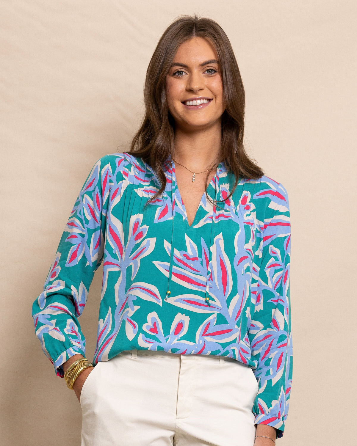 The front view of the Southern Tide Bonni Vintage Gardens Blouse by Southern Tide - Spruce Shade