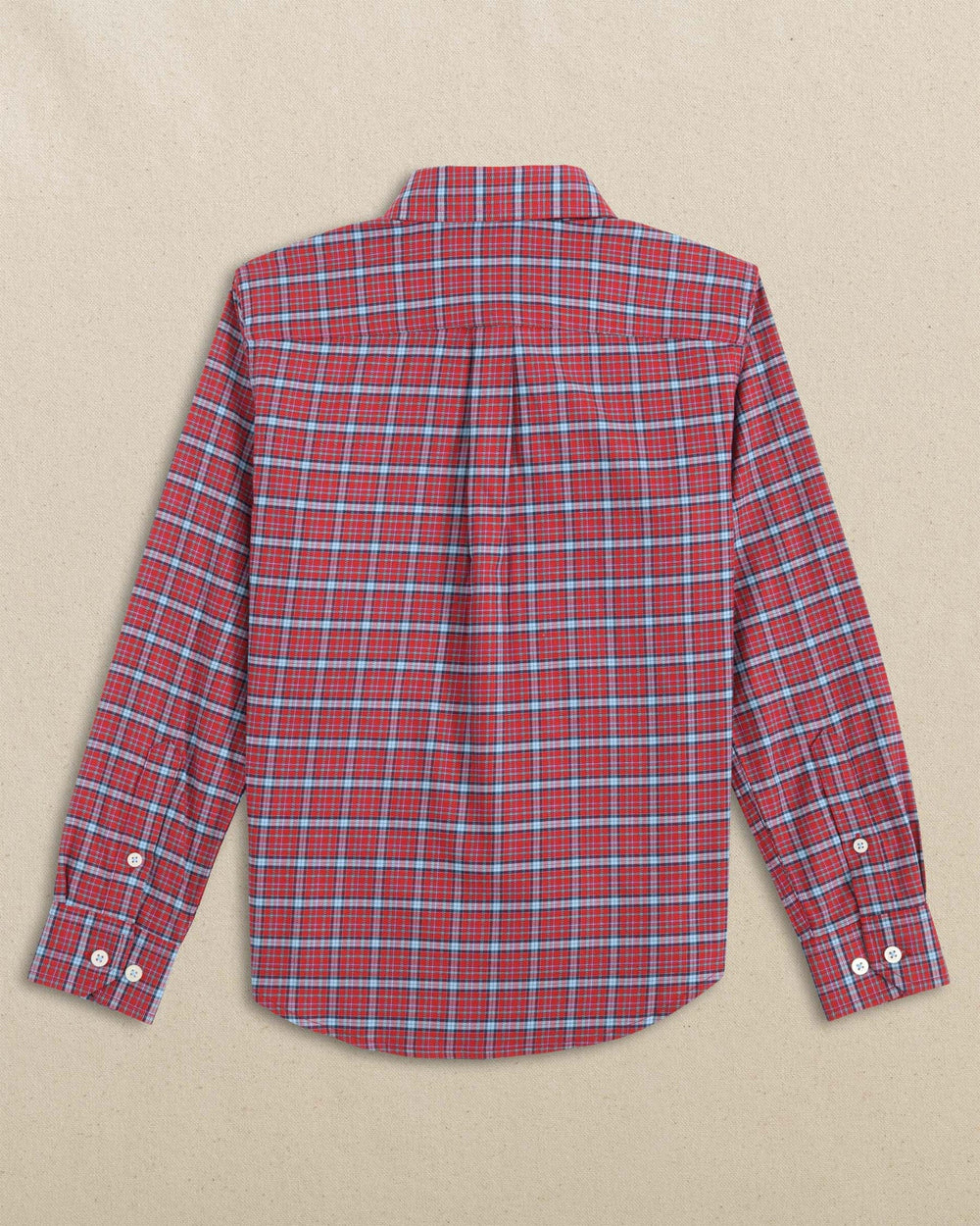 The back view of the Southern Tide Boys Chimney Creek Skipjack Sport Shirt by Southern Tide - Salsa Red
