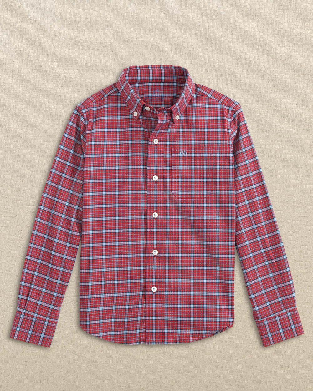 The front view of the Southern Tide Boys Chimney Creek Skipjack Sport Shirt by Southern Tide - Salsa Red
