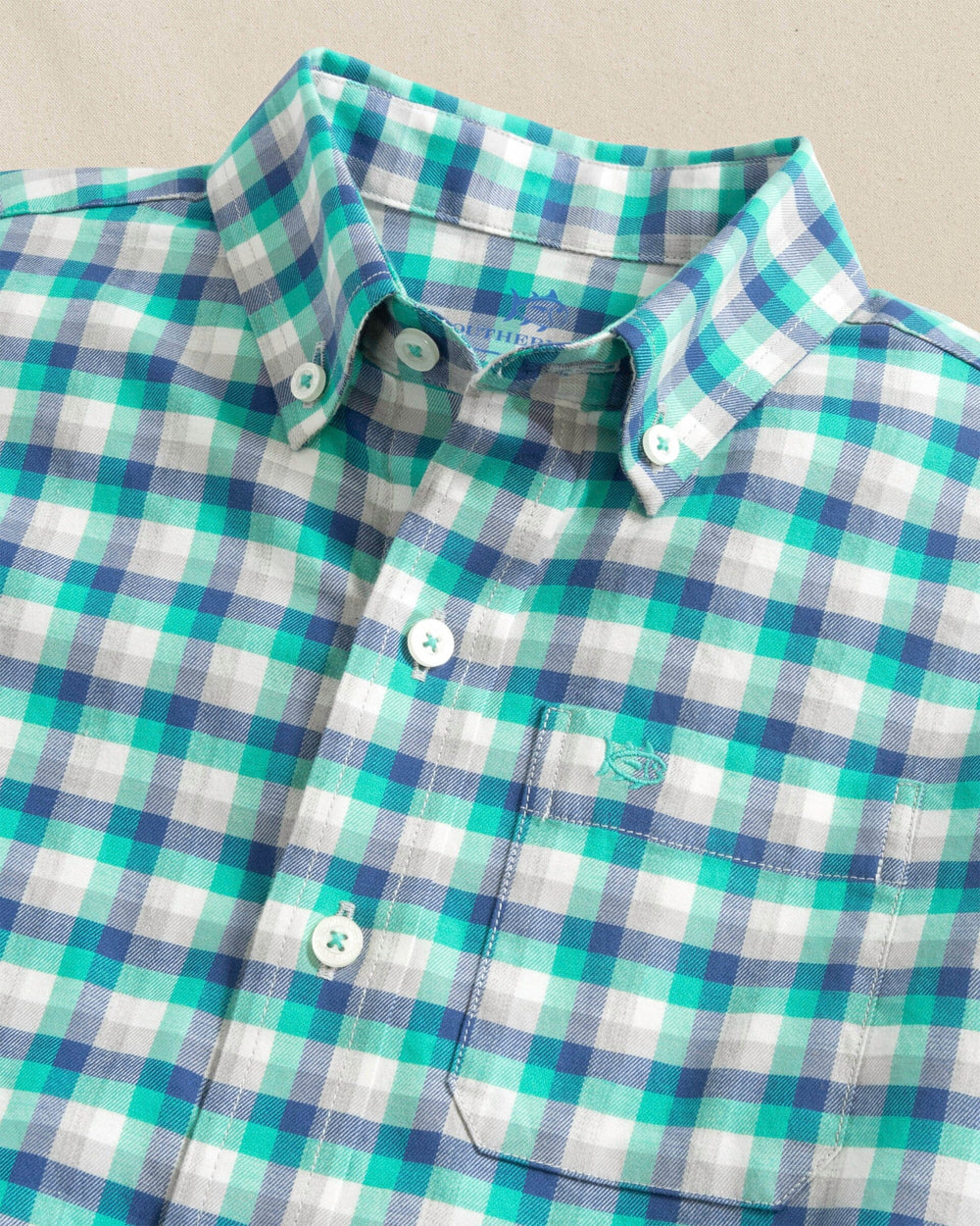The detail view of the Southern Tide Boys Diamond Cove Heather Skipjack Sport Shirt by Southern Tide - Heather Persian Green