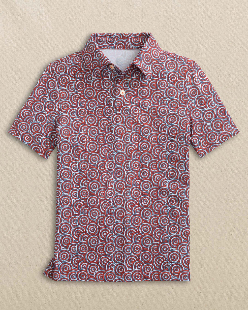 The front view of the Southern Tide Boys Driver Firecracker Printed Performance Polo by Southern Tide - Channel Marker Red