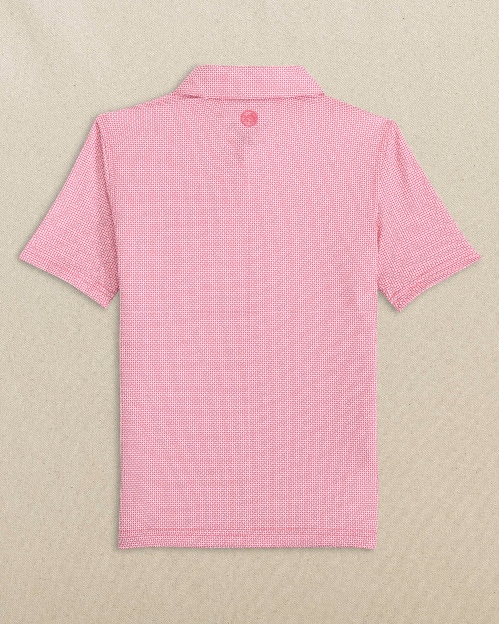 The back view of the Southern Tide Boys Driver Ocean Vista Printed Performance Polo by Southern Tide - Island Pink