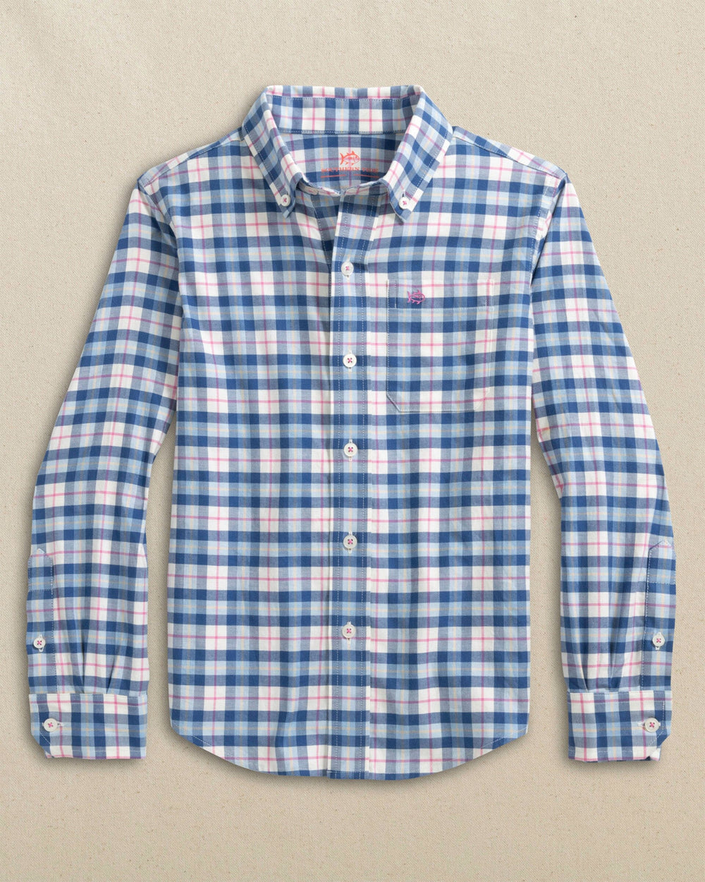 The front view of the Southern Tide Boys Forsyth Park Skipjack Sport Shirt by Southern Tide - Nautical Blue