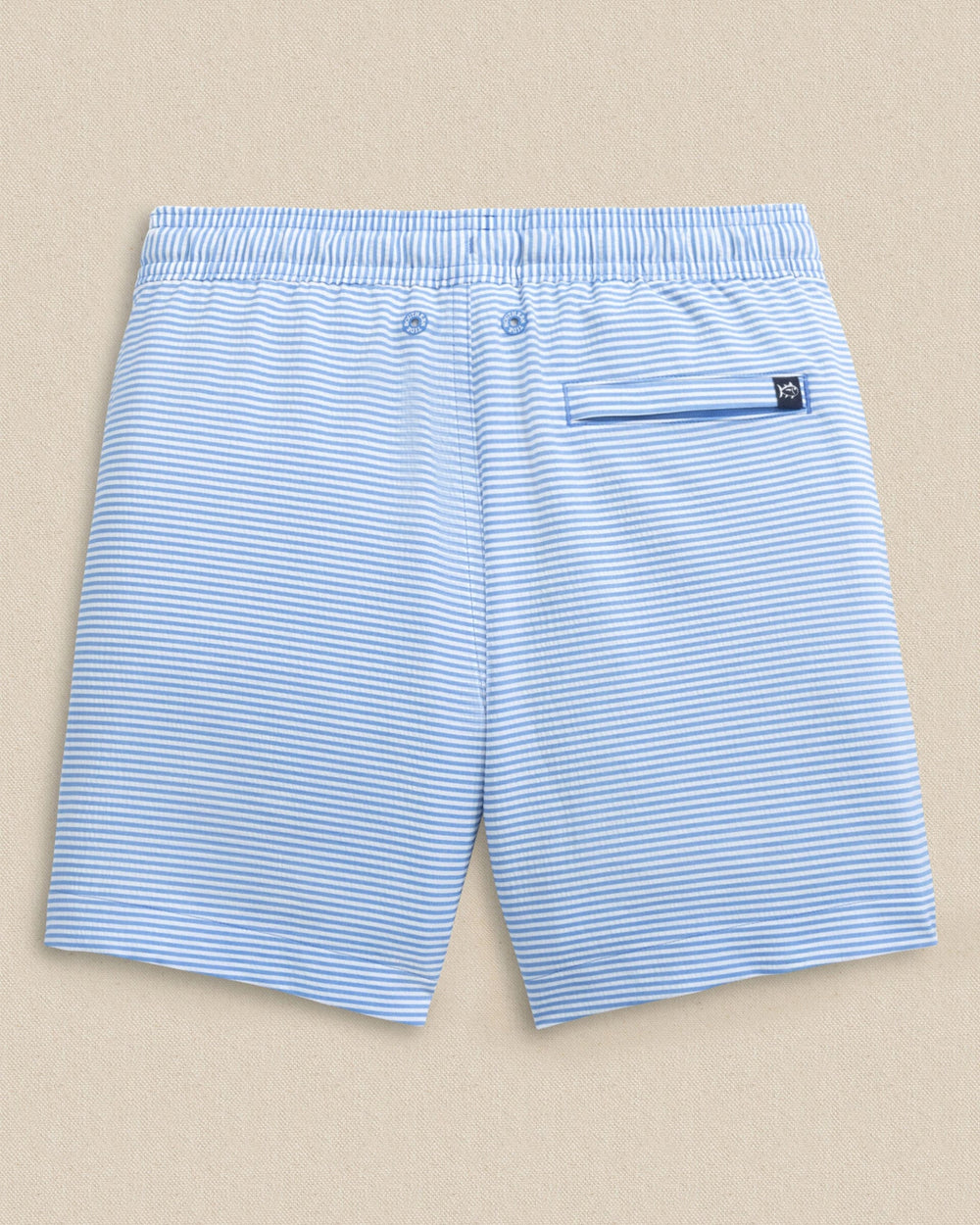 The back view of the Southern Tide Boys Gulf Haven Seersucker Stripe Maritime Swim Trunk by Southern Tide - Blue Stream