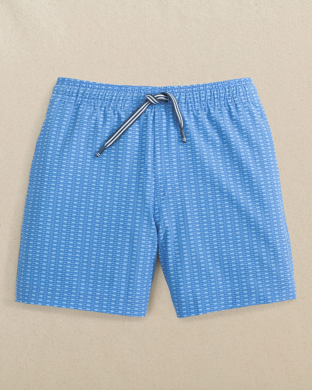 The front view of the Southern Tide Boys Pop Lock & Dock It Maritime Swim Trunk by Southern Tide - Blue Stream