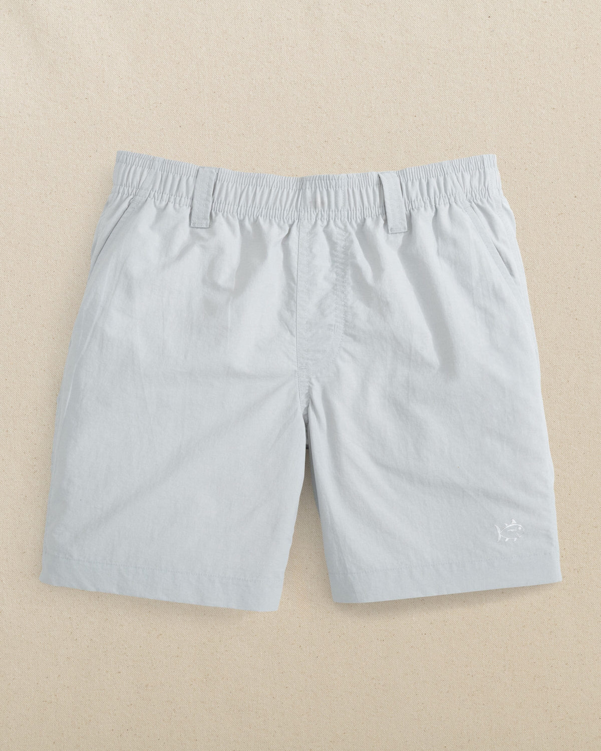 The front view of the Southern Tide Boys Shoreline Active Short by Southern Tide - Seagull Grey