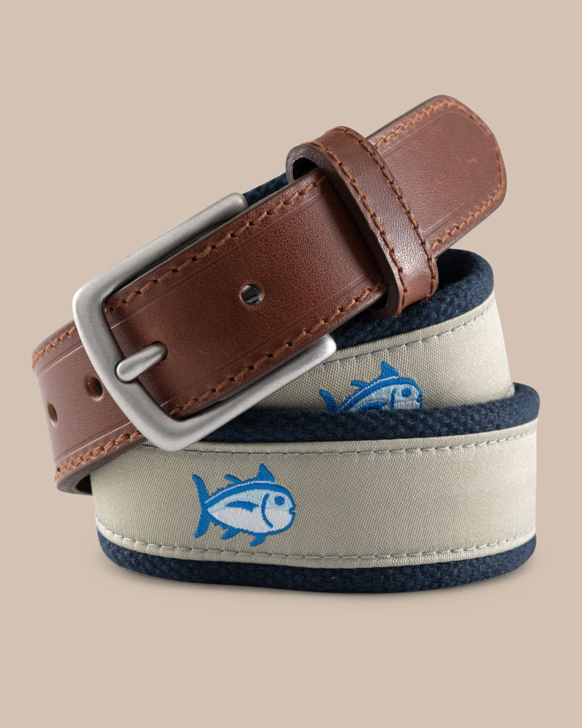 The front view of the Boys Skipjack Ribbon Belt by Southern Tide - Sandstone Khaki