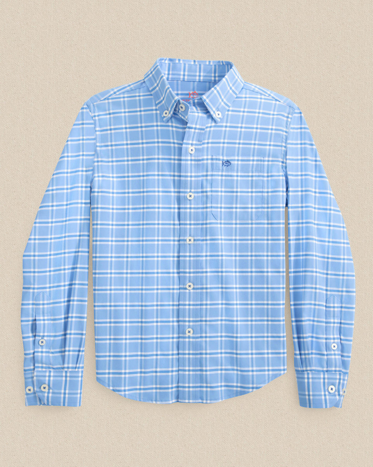 The front view of the Southern Tide Boys South Beach Plaid Coastal Breeze® Sport Shirt by Southern Tide - Ocean Channel