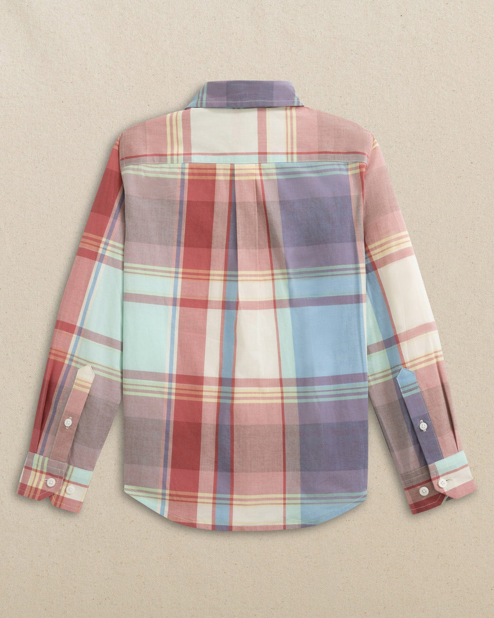 The back view of the Southern Tide Boys Surfside Madras Sport Shirt by Southern Tide - White Sand