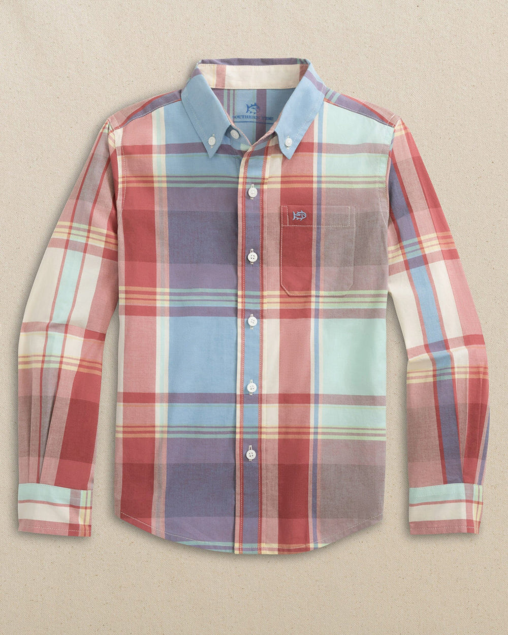 The front view of the Southern Tide Boys Surfside Madras Sport Shirt by Southern Tide - White Sand