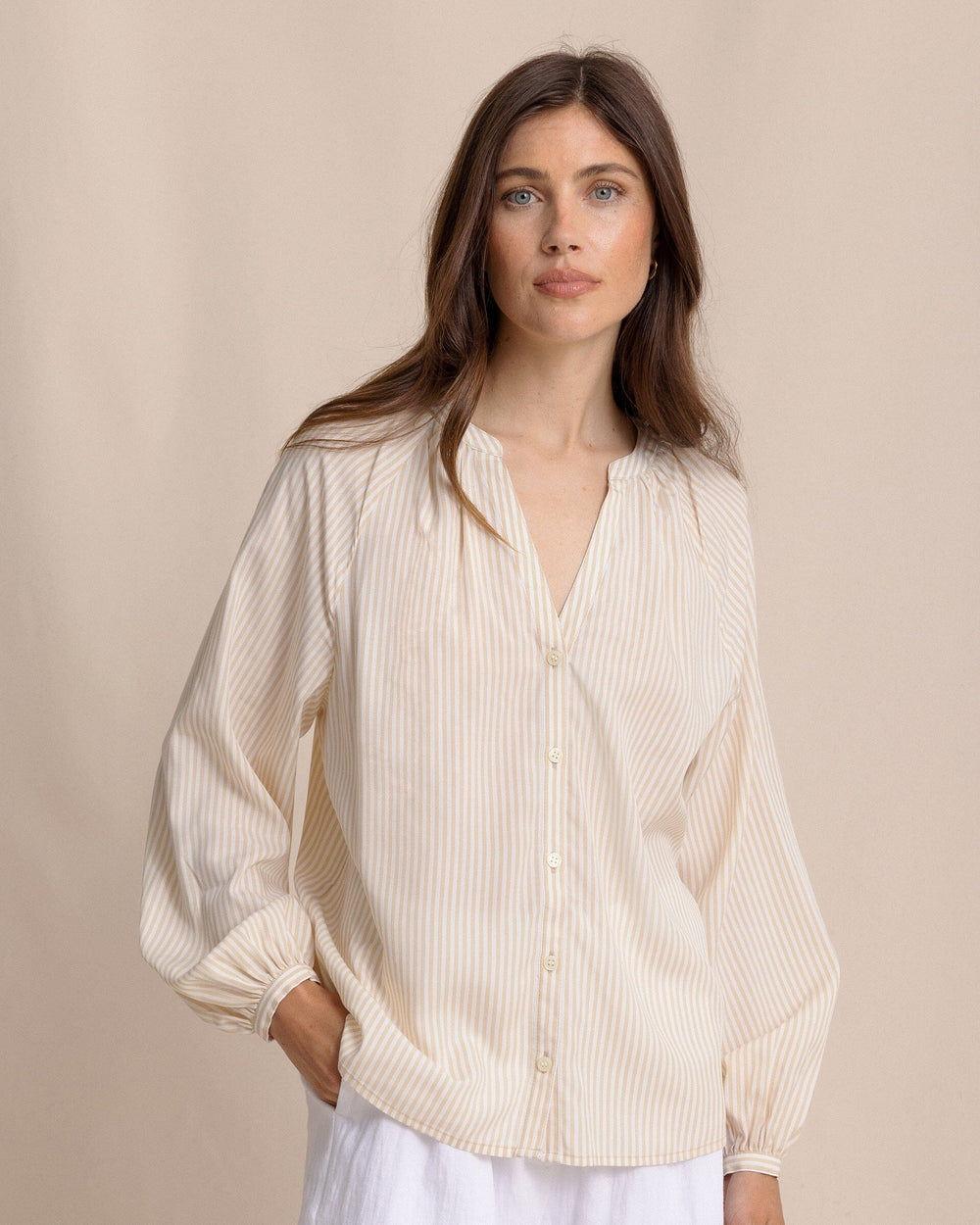The front view of the Southern Tide Brinley Band Collar Button Down Shirt by Southern Tide - Sandcastle Khaki