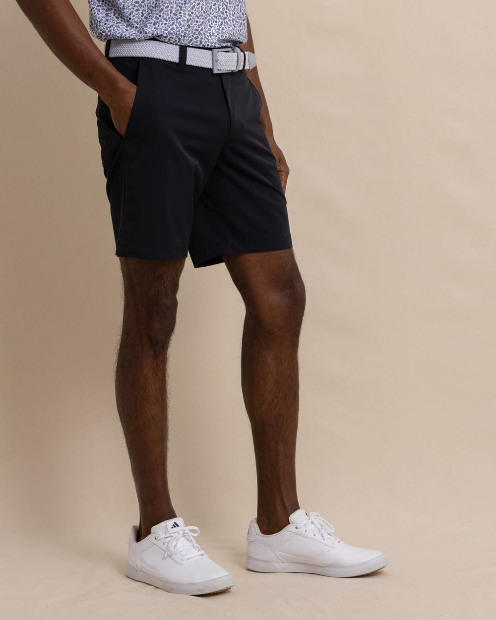 The front view of the Southern Tide gulf-8-inch-brrr-die-performance-short by Southern Tide - Caviar Black