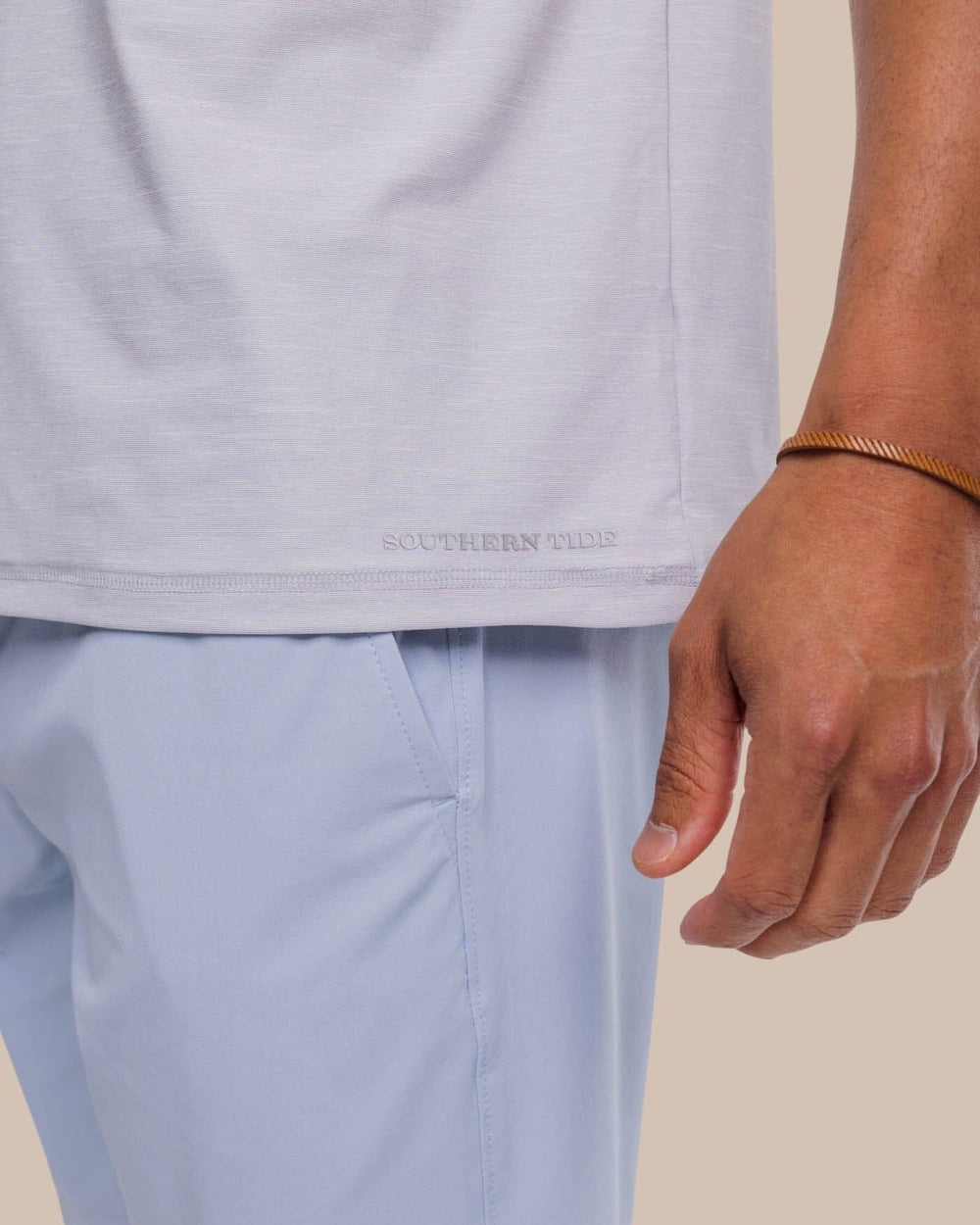 The label view of the Southern Tide brrr°®-illiant Performance Tee by Southern Tide - Platinum Grey