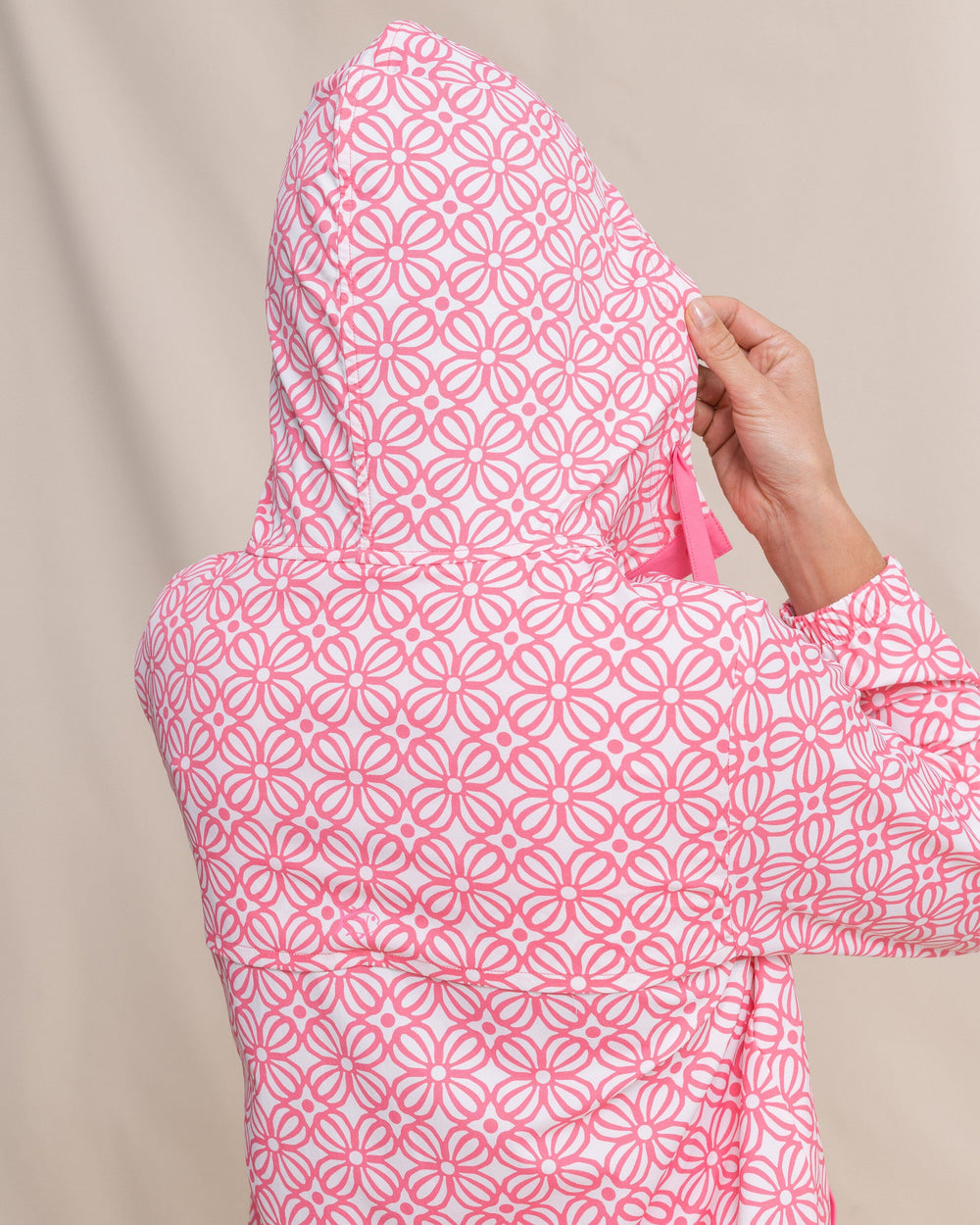 The detail view of the Southern Tide Calie Printed Popover by Southern Tide - Island Pink