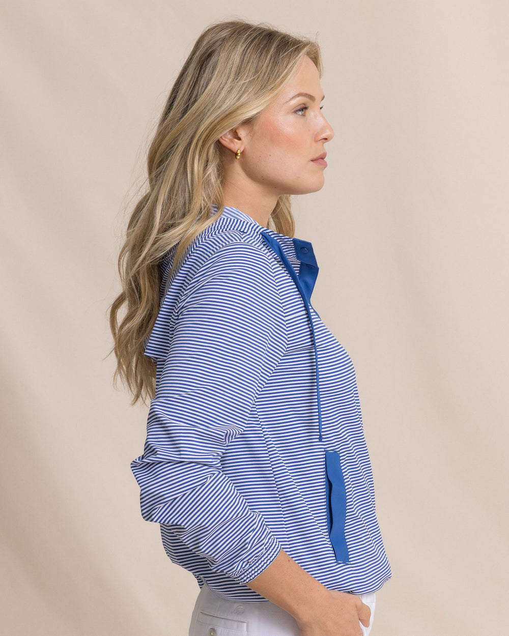 The side view of the Southern Tide Calie Skip Stripe Popover by Southern Tide - Nautical Blue