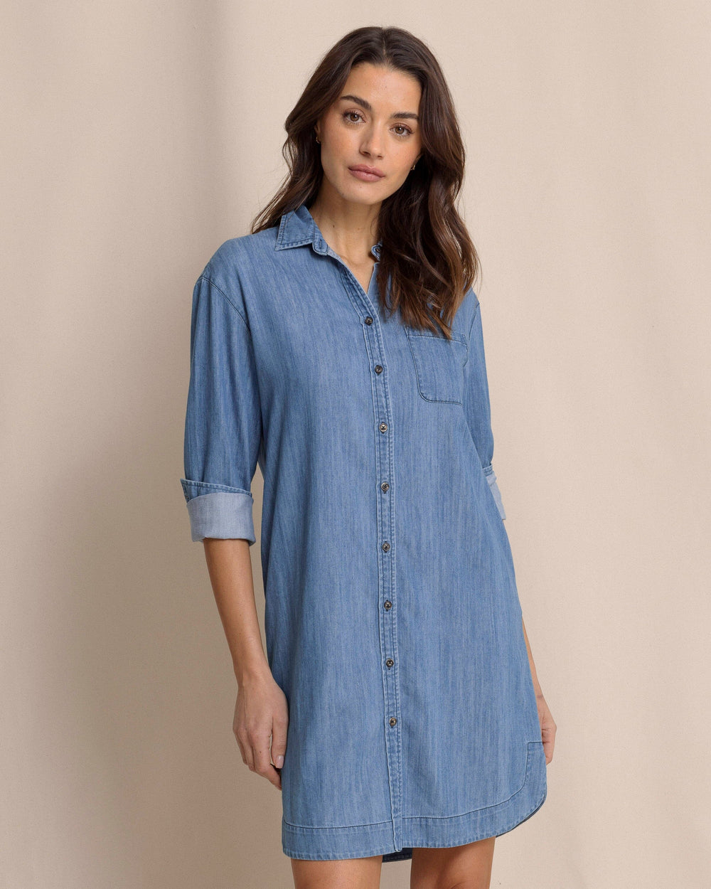 The front view of the Southern Tide Cam Denim Dress by Southern Tide - Medium Wash Indigo