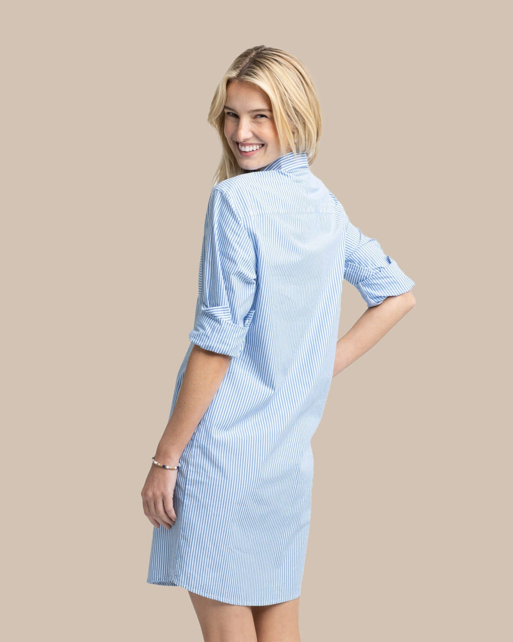 The back view of the Southern Tide Cam Stripe Poplin Dress by Southern Tide - Blue Fin