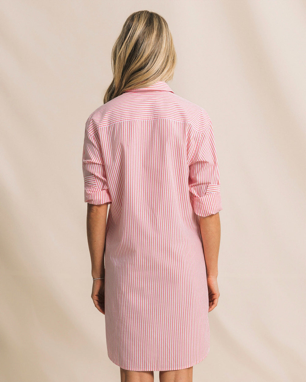 The back view of the Southern Tide Cam Stripe Poplin Dress by Southern Tide - Peaches N' Cream