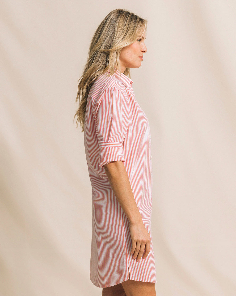 The side view of the Southern Tide Cam Stripe Poplin Dress by Southern Tide - Peaches N' Cream